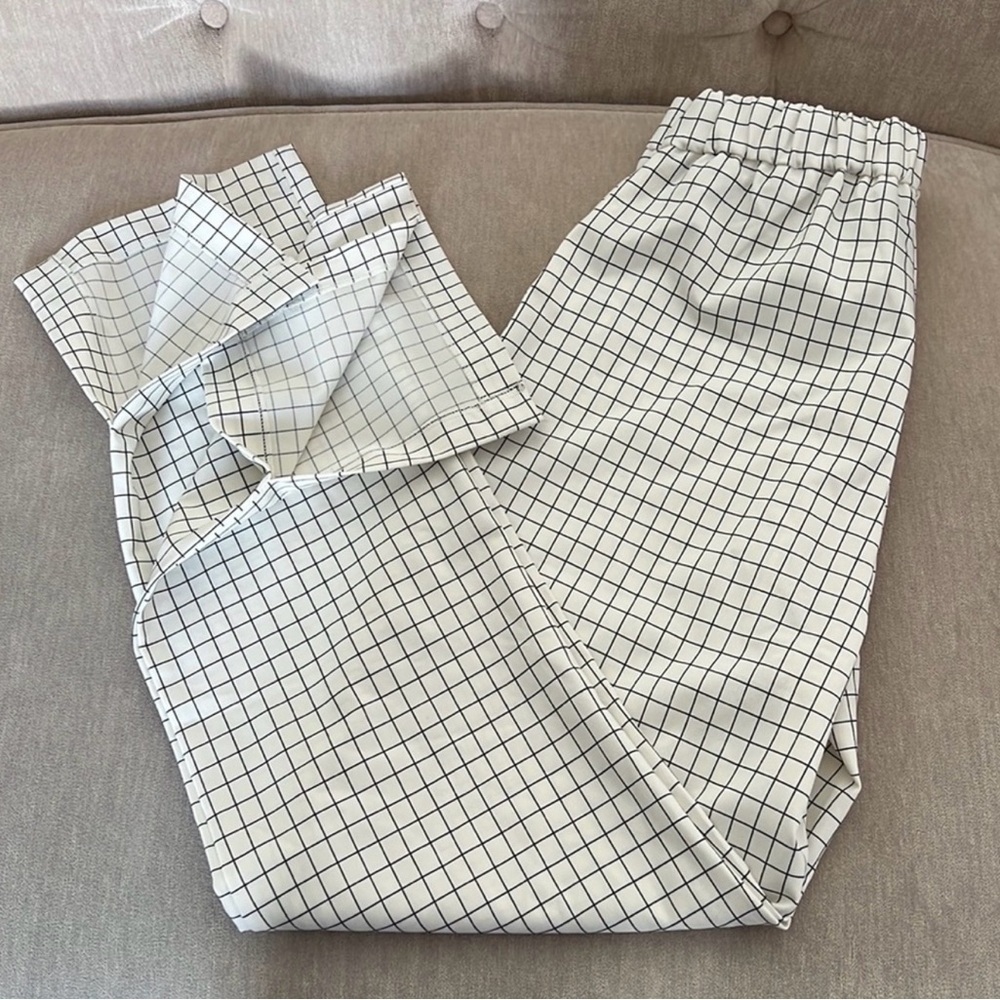 Women's Cream Grid Pattern Wide Leg Pants